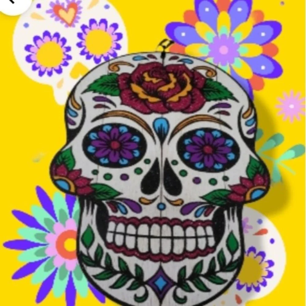 Halloween Decor Sugar Skull Sign 13.5 x 9.5 Glitter white black pink *
